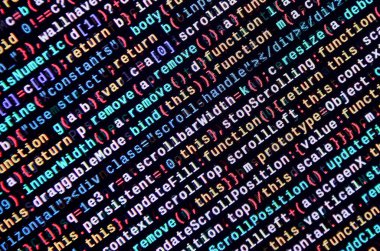 JavaScript kodu metin düzenleyicisinde. Siber kavramı kodlama. Javascript kod geliştirme web ekran. SEO kavramları daha iyi Serp için uygulama. HTML biçimlendirme dili portre. Web sitesi tasarımı