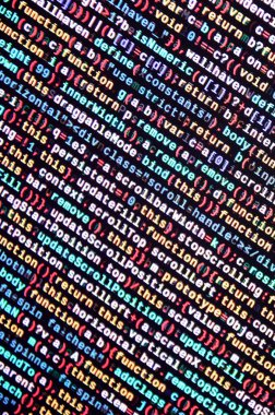 JavaScript kodu metin düzenleyicisinde. Siber kavramı kodlama. Javascript kod geliştirme web ekran. SEO kavramları daha iyi Serp için uygulama. HTML biçimlendirme dili portre. Web sitesi tasarımı