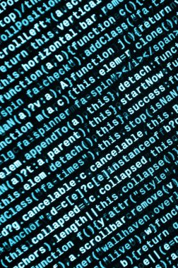 JavaScript kodu metin düzenleyicisinde. Siber kavramı kodlama. Javascript kod geliştirme web ekran. SEO kavramları daha iyi Serp için uygulama. HTML biçimlendirme dili portre. Web sitesi tasarımı