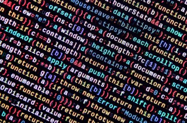 JavaScript kodu metin düzenleyicisinde. Siber kavramı kodlama. Javascript kod geliştirme web ekran. SEO kavramları daha iyi Serp için uygulama. HTML biçimlendirme dili portre. Web sitesi tasarımı