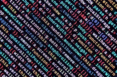 Laptop programlama kod yazma. Bilgisayar ekranında dijital ikili veri. Proje yöneticileri yeni fikir çalışır. Yazılım mühendisi iş başında. Yazılım arka plan. Modern teknoloji