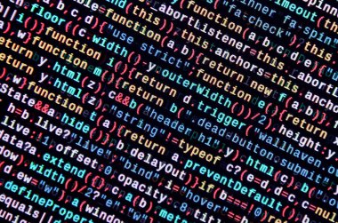 JavaScript kodu metin düzenleyicisinde. Siber kavramı kodlama. Javascript kod geliştirme web ekran. SEO kavramları daha iyi Serp için uygulama. HTML biçimlendirme dili portre. Web sitesi tasarımı