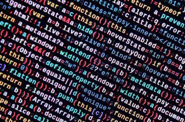 JavaScript kodu metin düzenleyicisinde. Siber kavramı kodlama. Javascript kod geliştirme web ekran. SEO kavramları daha iyi Serp için uygulama. HTML biçimlendirme dili portre. Web sitesi tasarımı