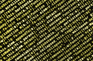 JavaScript kodu metin düzenleyicisinde. Siber kavramı kodlama. Javascript kod geliştirme web ekran. SEO kavramları daha iyi Serp için uygulama. HTML biçimlendirme dili portre. Web sitesi tasarımı