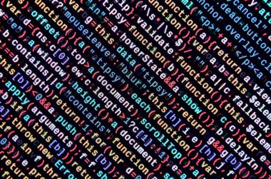 JavaScript işlevleri, değişkenleri, nesneler. İşlev kaynak kodu closeup izlemek. Bu uzman çalışma alanı. Büyük veri ve Internet şeyler trend. HTML Web sitesi yapısı. Web sitesi programlama kodu