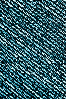 JavaScript kodu metin düzenleyicisinde. Siber kavramı kodlama. Javascript kod geliştirme web ekran. SEO kavramları daha iyi Serp için uygulama. HTML biçimlendirme dili portre. Web sitesi tasarımı