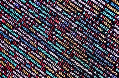 JavaScript kodu metin düzenleyicisinde. Siber kavramı kodlama. Javascript kod geliştirme web ekran. SEO kavramları daha iyi Serp için uygulama. HTML biçimlendirme dili portre. Web sitesi tasarımı