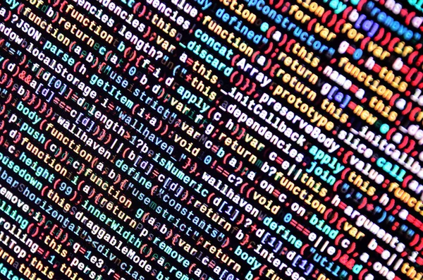 JavaScript kodu metin düzenleyicisinde. Siber kavramı kodlama. Javascript kod geliştirme web ekran. SEO kavramları daha iyi Serp için uygulama. HTML biçimlendirme dili portre. Web sitesi tasarımı