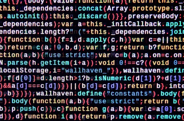 Javascript functions, variables, objects. Monitor closeup of function source code. IT specialist workplace. Big data and Internet of things trend. HTML website structure. Website programming code