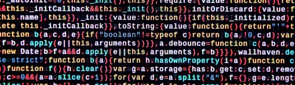 Javascript functions, variables, objects. Monitor closeup of function source code. IT specialist workplace. Big data and Internet of things trend. HTML website structure. Website programming code
