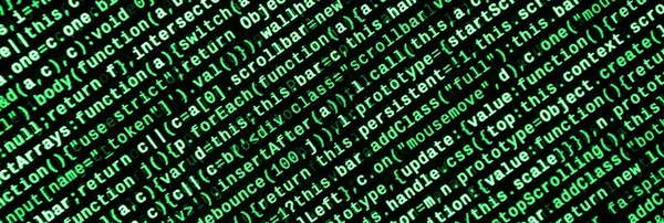 Javascript functions, variables, objects. Monitor closeup of function source code. IT specialist workplace. Big data and Internet of things trend. HTML website structure. Website programming code