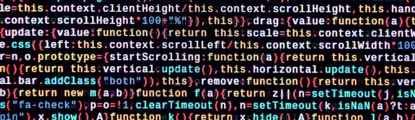 Javascript functions, variables, objects. Monitor closeup of function source code. IT specialist workplace. Big data and Internet of things trend. HTML website structure. Website programming code