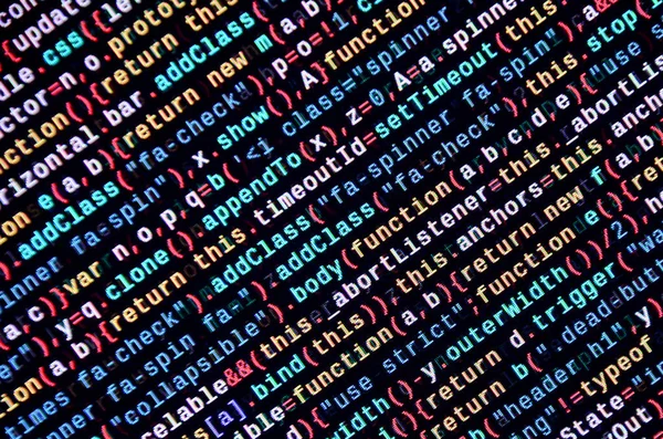 Javascript functions, variables, objects. Monitor closeup of function source code. IT specialist workplace. Big data and Internet of things trend. HTML website structure. Website programming code