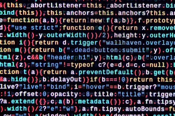 Javascript functions, variables, objects. Monitor closeup of function source code. IT specialist workplace. Big data and Internet of things trend. HTML website structure. Website programming code