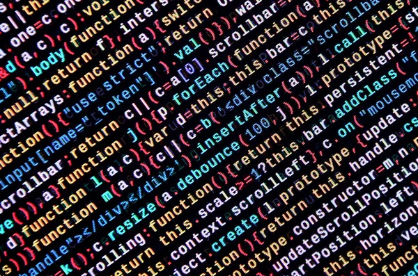 Javascript functions, variables, objects. Monitor closeup of function source code. IT specialist workplace. Big data and Internet of things trend. HTML website structure. Website programming code