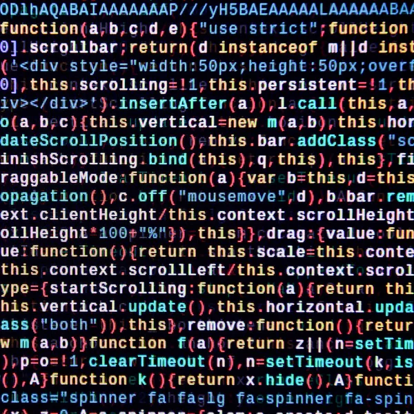 Javascript functions, variables, objects. Monitor closeup of function source code. IT specialist workplace. Big data and Internet of things trend. HTML website structure. Website programming code