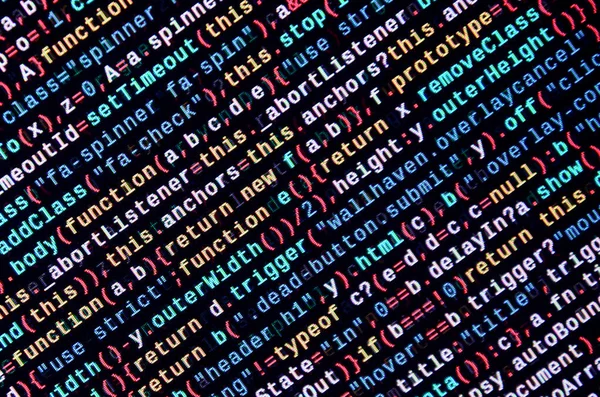 Javascript functions, variables, objects. Monitor closeup of function source code. IT specialist workplace. Big data and Internet of things trend. HTML website structure. Website programming code
