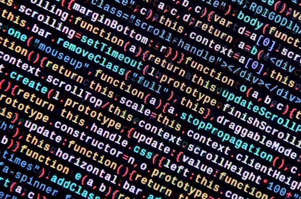 JavaScript code in text editor. Coding cyberspace concept. Screen of web developing javascript code. Implementing SEO concepts for better SERP. HTML markup language closeup. Website design