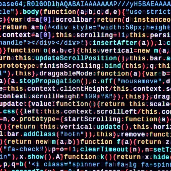Javascript functions, variables, objects. Monitor closeup of function source code. IT specialist workplace. Big data and Internet of things trend. HTML website structure. Website programming code