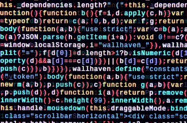 Javascript functions, variables, objects. Monitor closeup of function source code. IT specialist workplace. Big data and Internet of things trend. HTML website structure. Website programming code