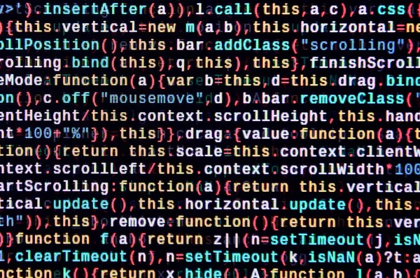 JavaScript code in text editor. Coding cyberspace concept. Screen of web developing javascript code. Implementing SEO concepts for better SERP. HTML markup language closeup. Website design