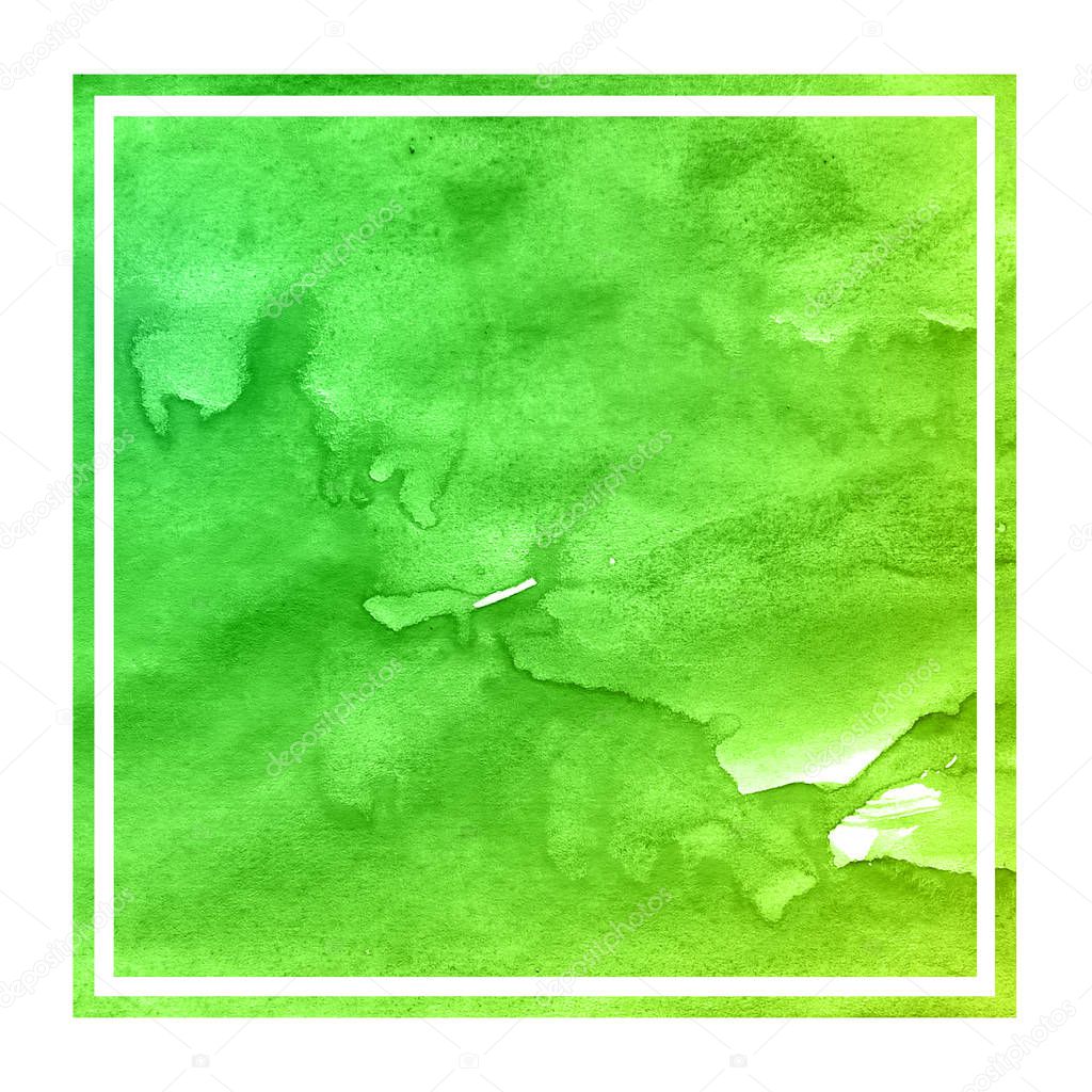 Green hand drawn watercolor rectangular frame background texture with stains. Modern design element
