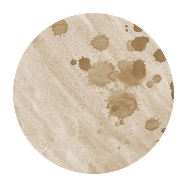 Brown hand drawn watercolor circular frame background texture with stains. Modern design element