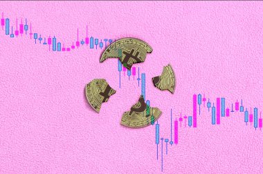 Broken bitcoin lies in the background of the falling chart of the cryptocurrency rate. Pastel pink background. Flat lay top view. The fall and collapse of the course of crypto currency clipart