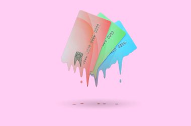 Card expires soon concept shows liquid credit cards that is dissolving down by melting. Surreal style image. Pastel pink background color clipart