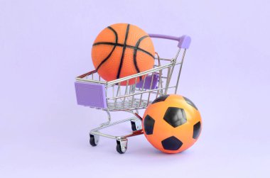 Turuncu basketbol ve futbol topu menekşe üzerinde alışveriş arabası. Spor malzemeleri satan kavramı, spor predictions maçlar, spor bahisleri