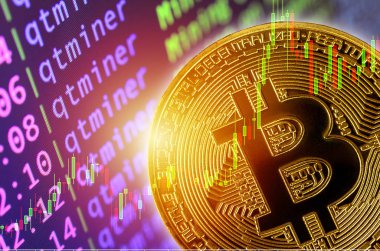 Adem-i merkeziyetçi cryptocurrency kavramları, bitcoin incelemesi ekran ve ticaret grafik. Blockchain teknolojileri üzerinden transferi veya exchange dijital para