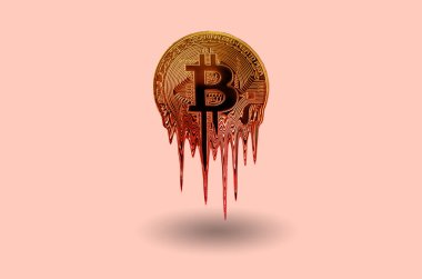 Erimiş bitcoin metal altın sikke, pembe arka plan eriyor. Hot Fiyat veya değer ve yüksek Döviz Kuru kripto para birimi. Kriz ve yatırım finansal risk nedeniyle kaybetmek, Güz