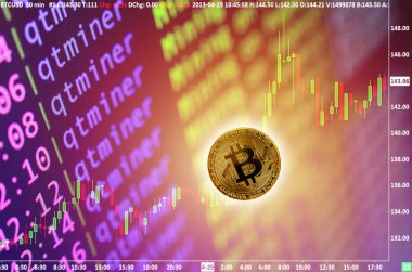 Adem-i merkeziyetçi cryptocurrency kavramları, bitcoin incelemesi ekran ve ticaret grafik. Blockchain teknolojileri üzerinden transferi veya exchange dijital para
