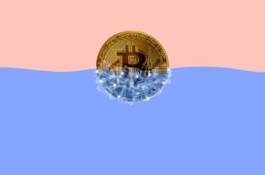 Altın bitcoin mavi su buz blokları içinde donmuş. Bir cryptocurrency buz gibi kavramı veya güvenlik amaçlı cüzdan.