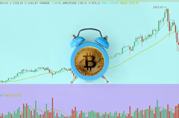 Bitcoin Relógio Alarme Azul Fundo Azul Com Gráfico Mercado Ações — Fotografia de Stock