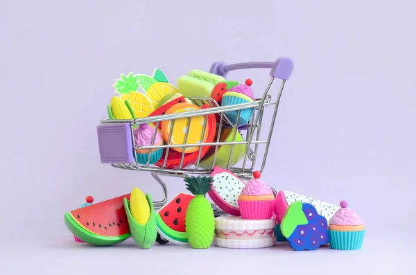 Shopping Cart Filled Top Fresh Fruits Purple Background Concept Buying — Stock Photo, Image