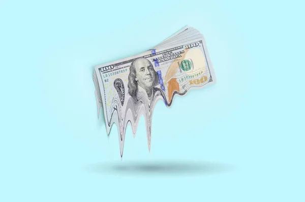 Dripping Liquid Bundle Dollar Bills Levitates Blue Background Concept Losing — Stock Photo, Image