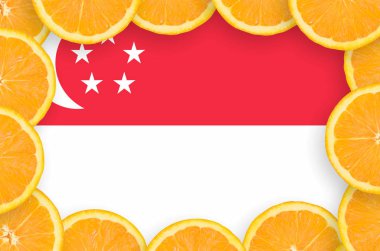 Singapur bayrağı çerçevesinde portakal Narenciye meyve dilimleri. İthalat ve ihracat narenciye yanı sıra büyüyen kavramı