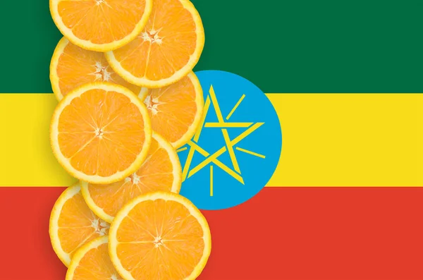 Ethiopia Flag Vertical Row Orange Citrus Fruit Slices Concept Growing — Stock Photo, Image