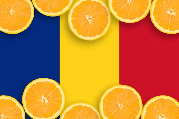 Drapeau Roumanie Dans Cadre Horizontal Tranches Agrumes Orange Notion Culture — Photo