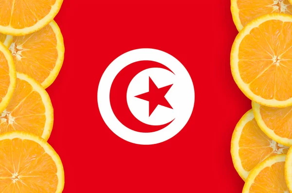 Tunisia Flag Vertical Frame Orange Citrus Fruit Slices Concept Growing — Stock Photo, Image