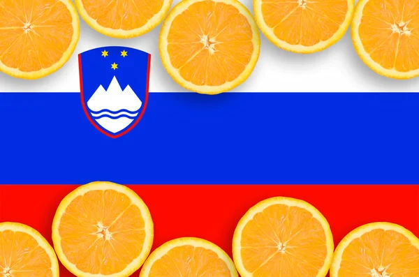 Flaga Słowenii Ramce Poziomej Plasterki Pomarańczy Owoców Cytrusowych Koncepcja Uprawy — Zdjęcie stockowe