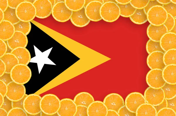 Timor Leste Flag Frame Orange Citrus Fruit Slices Concept Growing — Stock Photo, Image