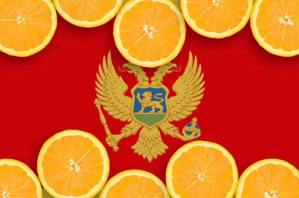 Bandeira Montenegro Quadro Horizontal Fatias Frutas Cítricas Laranja Conceito Cultura — Fotografia de Stock