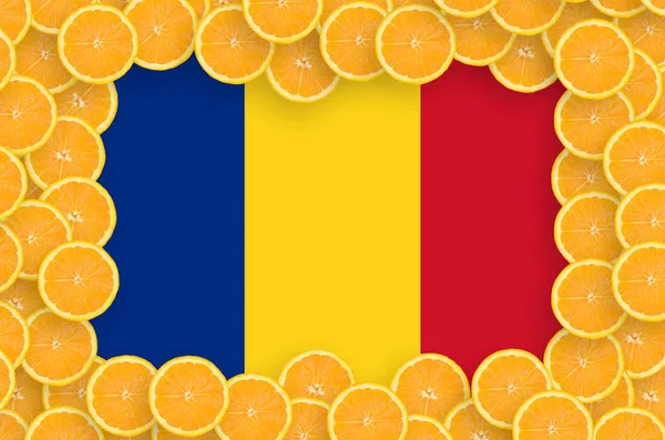 オレンジ色の柑橘系フルーツのスライスのフレームでルーマニアの国旗 柑橘類の輸出入だけでなく 成長の概念 — ストック写真