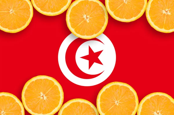 Tunisia Flag Horizontal Frame Orange Citrus Fruit Slices Concept Growing — Stock Photo, Image