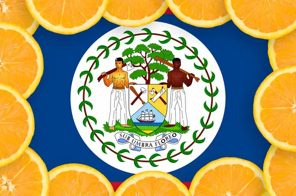 伯利兹国旗在橙色柑橘子果片的框架 柑橘类水果的种植及进出口概念 — 图库照片