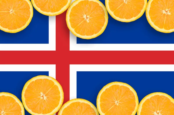 Islands Flagga Horisontell Ram Orange Citrus Frukt Skivor Begreppet Växer — Stockfoto