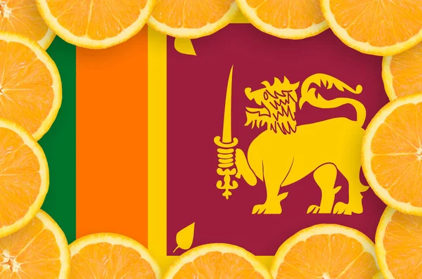 オレンジ色の柑橘系フルーツのスライスのフレームでスリランカのフラグです 柑橘類の輸出入だけでなく 成長の概念 — ストック写真