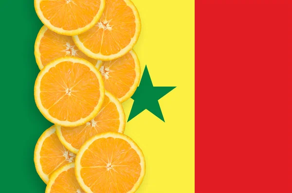 Bandeira Senegal Fileira Vertical Fatias Frutas Cítricas Laranja Conceito Cultura — Fotografia de Stock